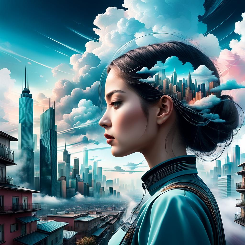 Ethereal Cityscape Merging with Woman's Profile