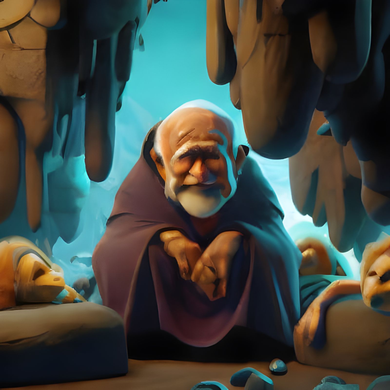 Happy Old Man in Lion's Den: 3D Digital Art