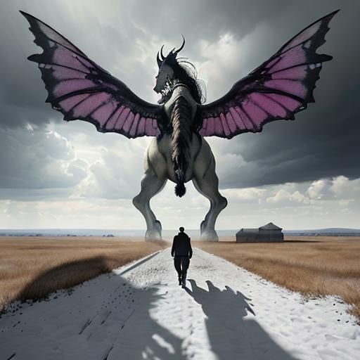 Men Carrying Chimeras in Surreal Landscape