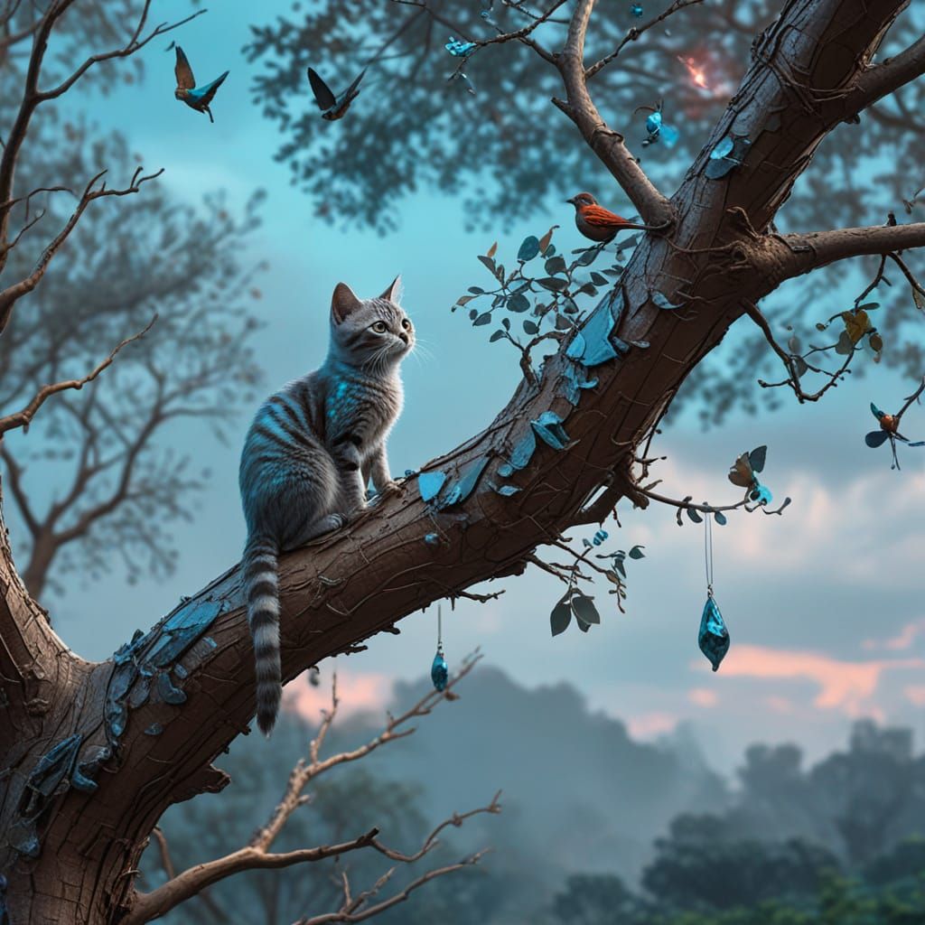 Upbeat Forest Scene with Chrome Sparrow and Cat
