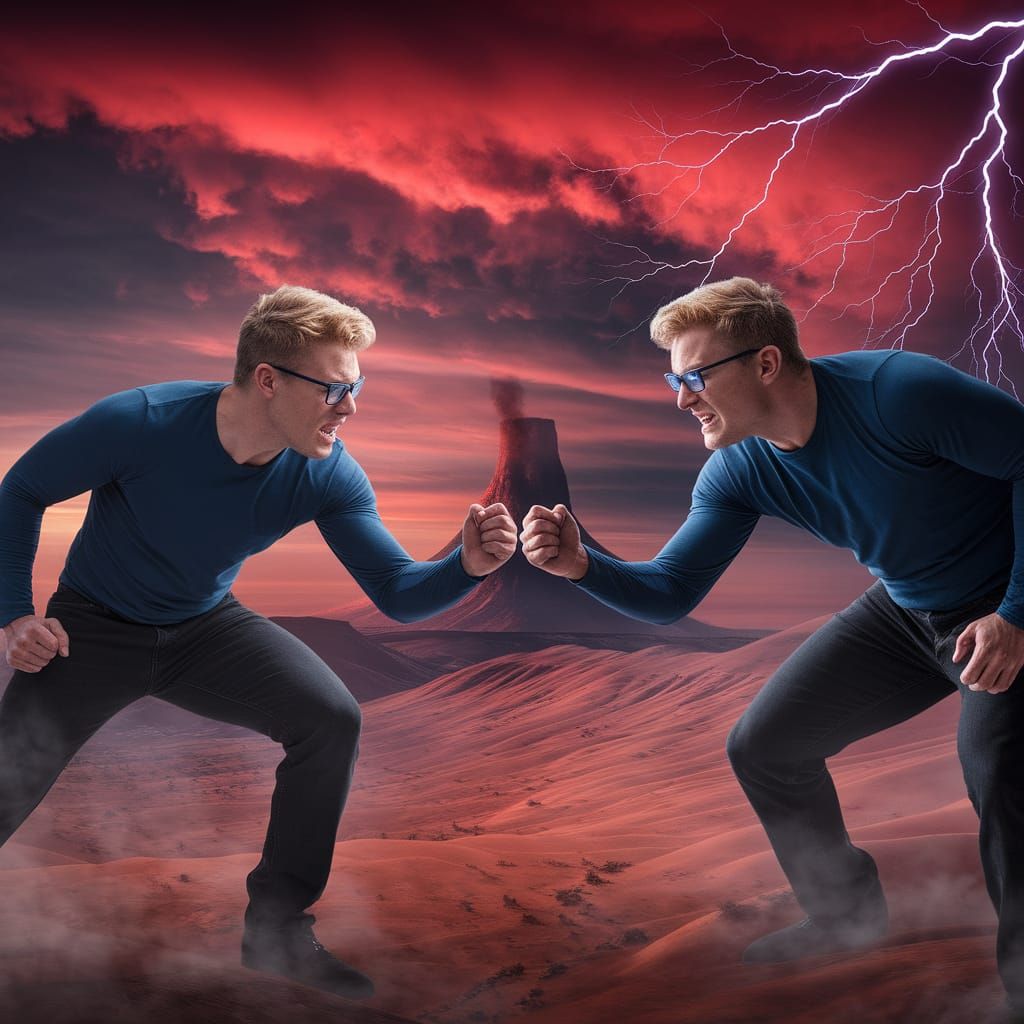 Anxious Man Battles Inner Darkness in Dramatic Landscape