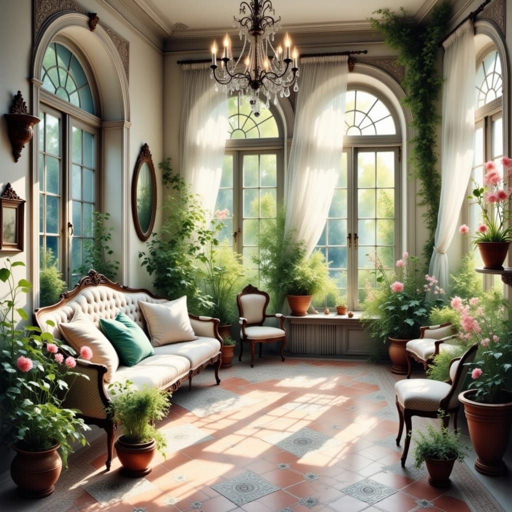 <lora:Lovely Touch:1.0> <lora:Light and Lace-Flux:1.0> <lora:Moods of Smoke Flux:1.0> highly detailed sunroom with flowe...