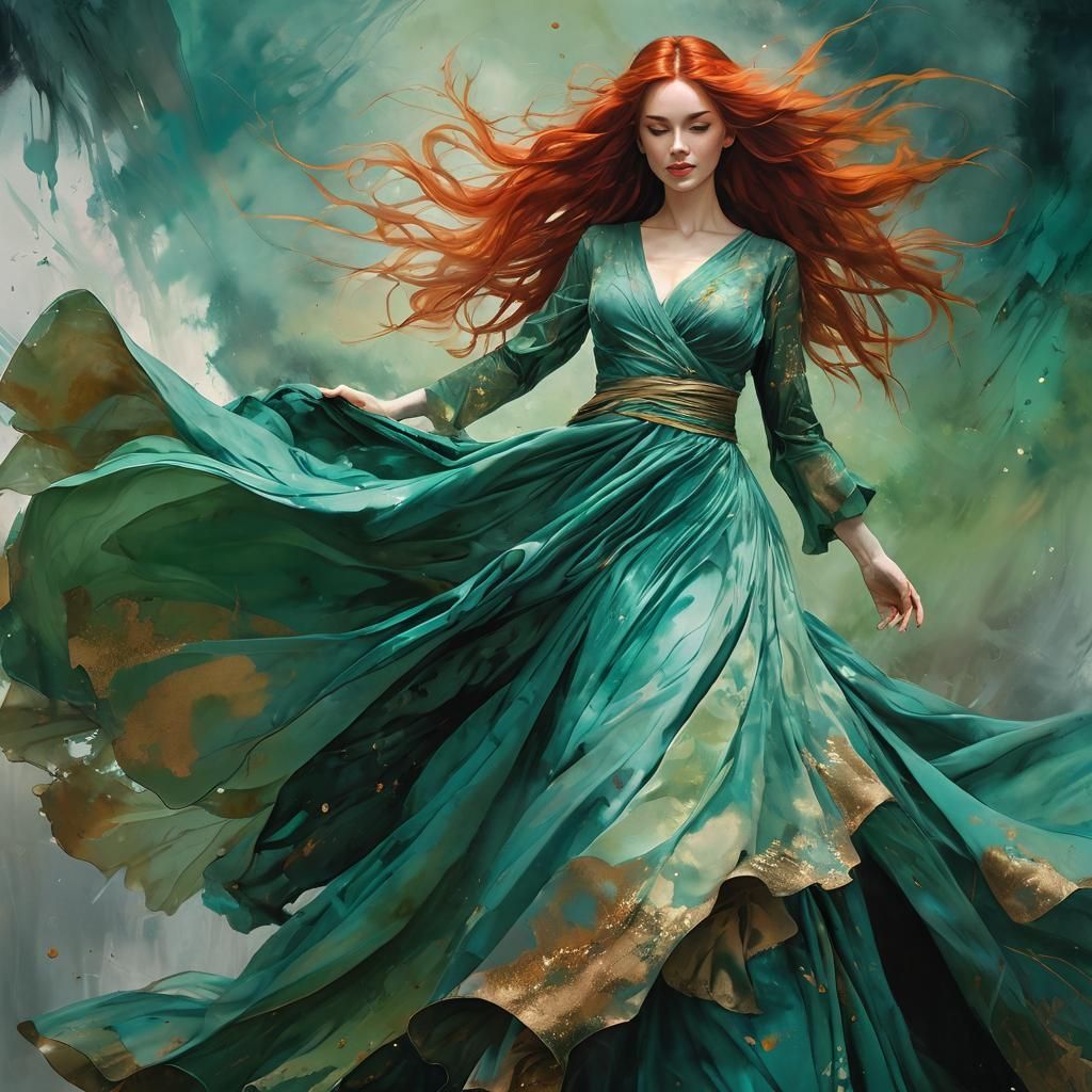 Redhead in Verdigris Gown, Alcohol-Ink Fantasy