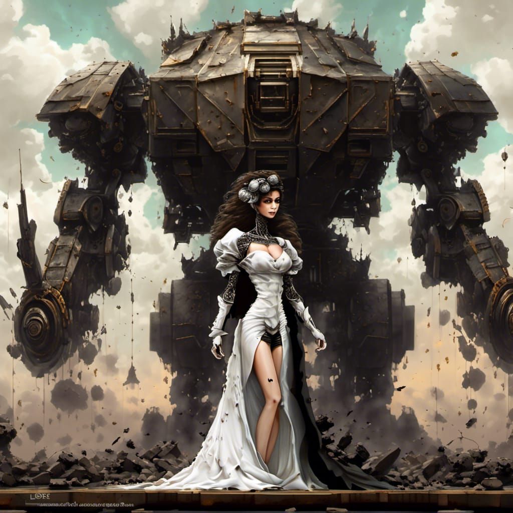 Armored Cyberpunk Sorceress Reaching for Battlemech