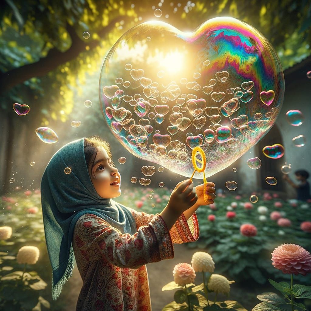 A Young Girl's Whimsical Bubble Adventure in a Vibrant Garde...