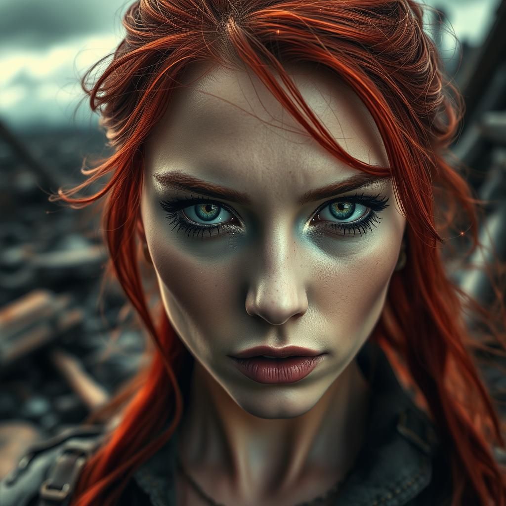 Post-Apocalyptic Woman with Red Hair, Dystopian HDR