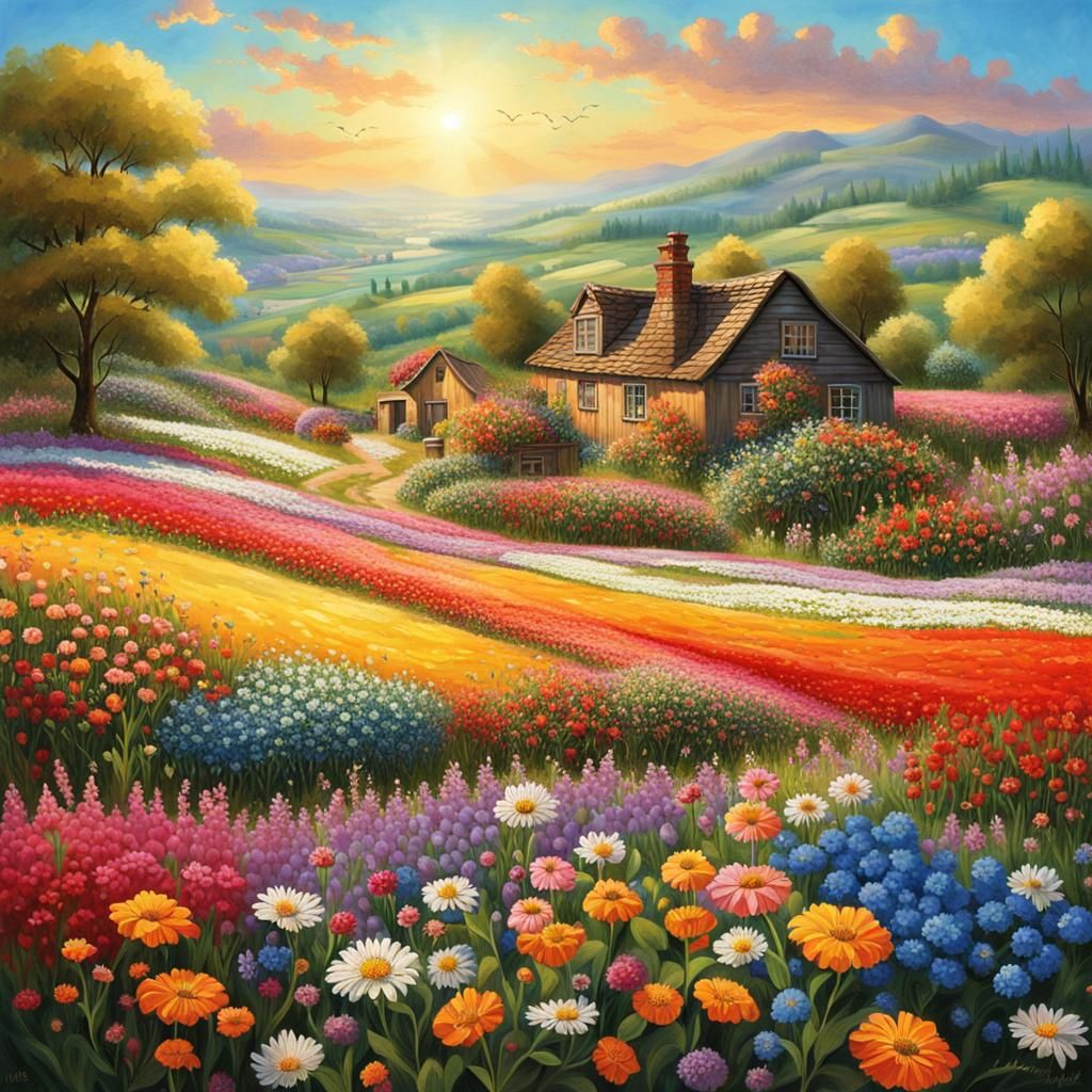 Endless Flower Field Bathed in Sunlight