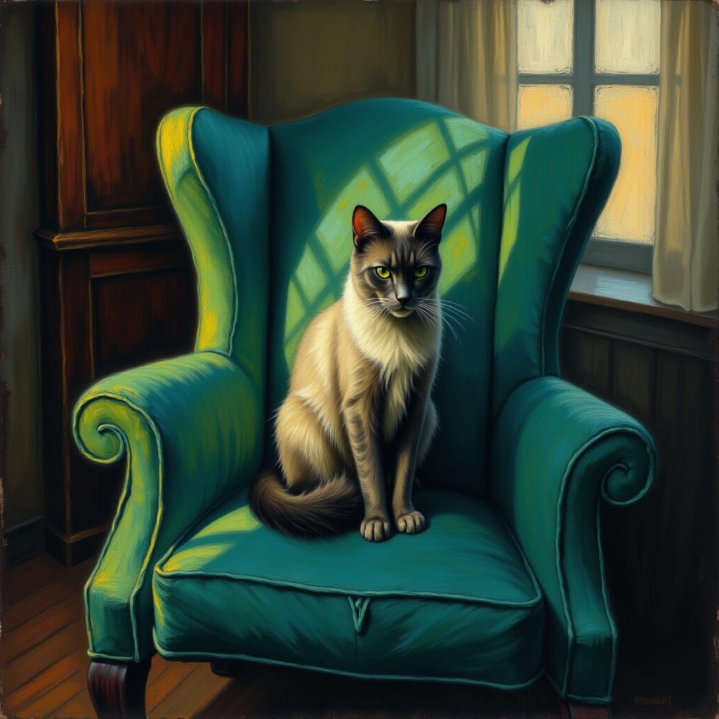Regal Siamese Cat on Velvet Armchair in Sunlight