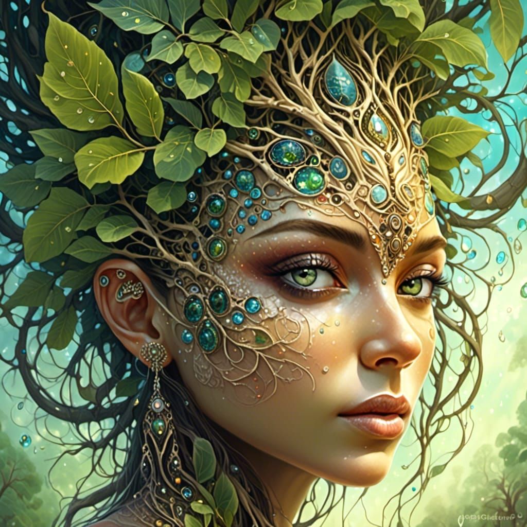 Surreal Fractal Woman with Fig Tree in Mosaic Style