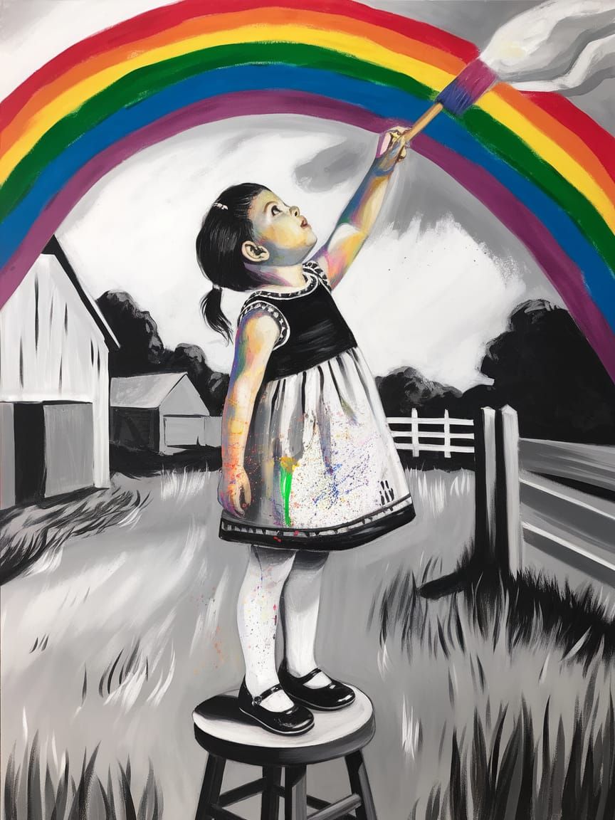Colorful Girl Adds Rainbow to Monochrome Landscape in Artist...