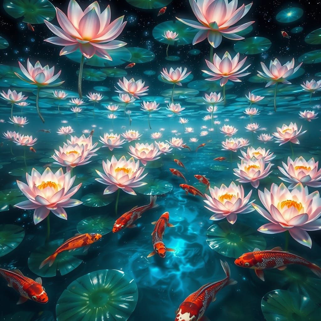 Celestial Koi Pond with Bioluminescent Water Lilies