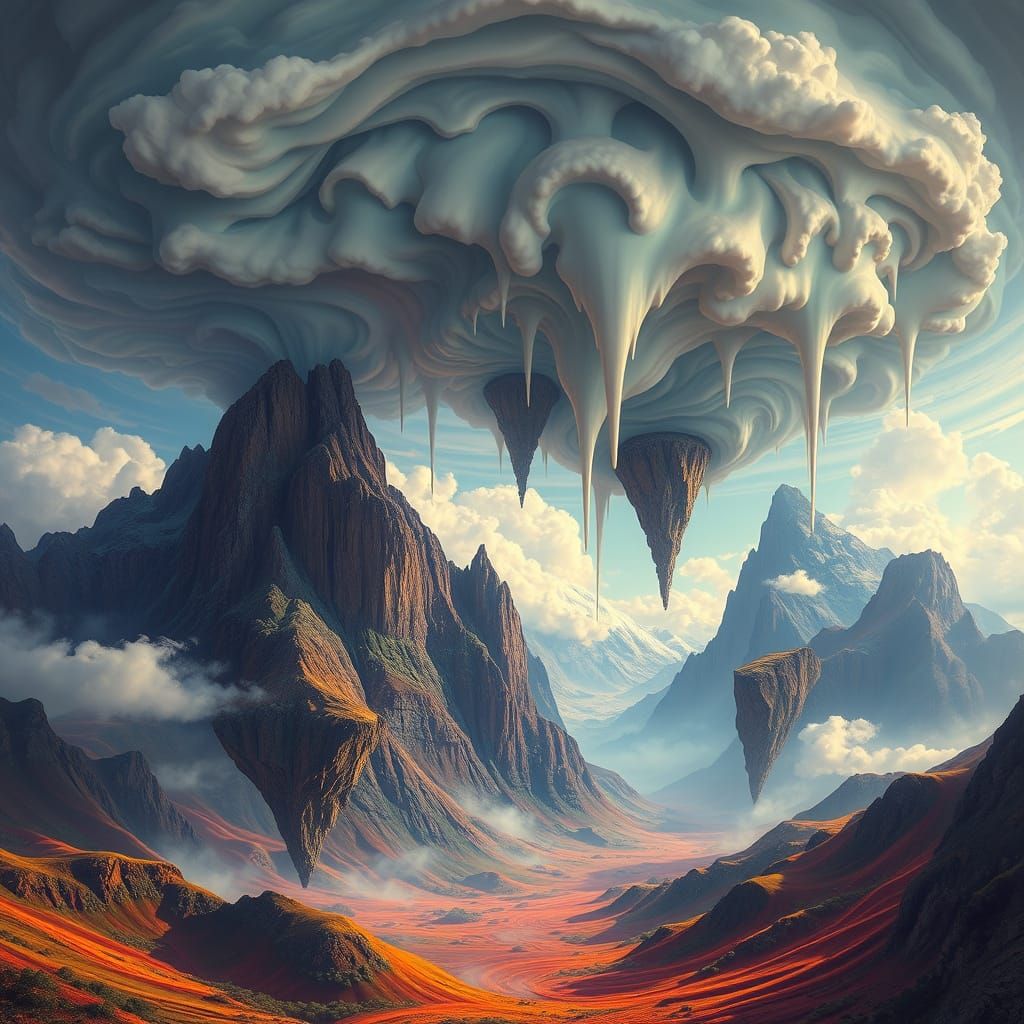 Dreamlike Landscape with Majestic Floating Mountains and Swi...