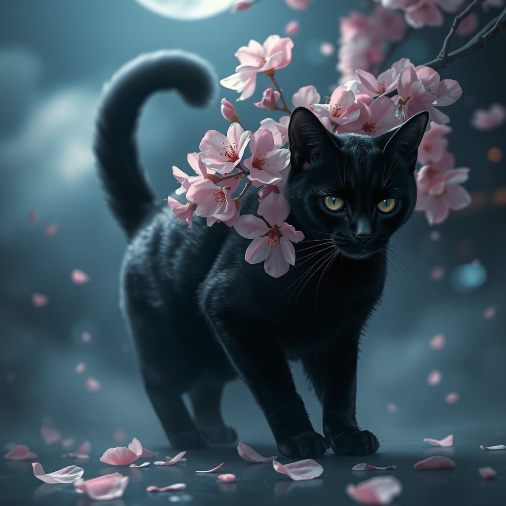 Luminescent Black Cat Amidst Cherry Blossoms in Tokyo's Mist...