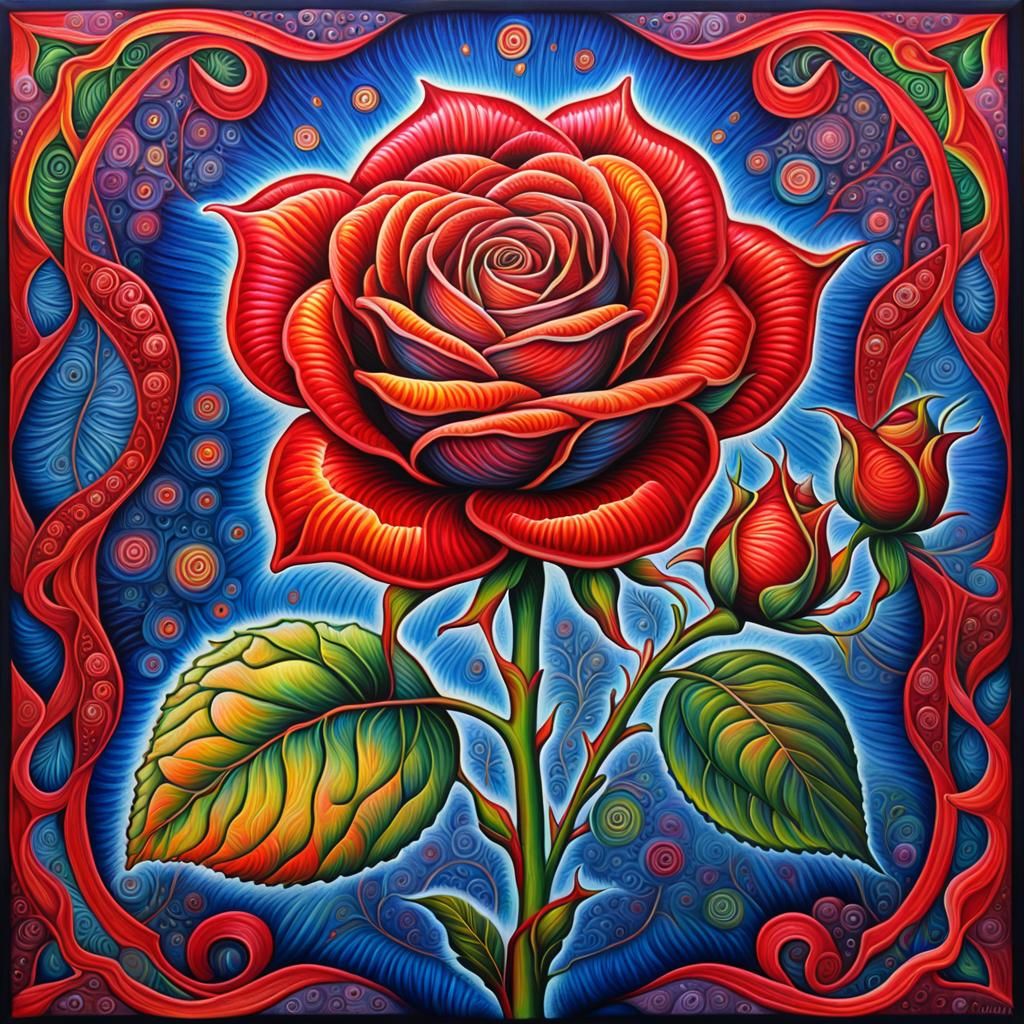 Iridescent Red Roses in Surreal Style Painting