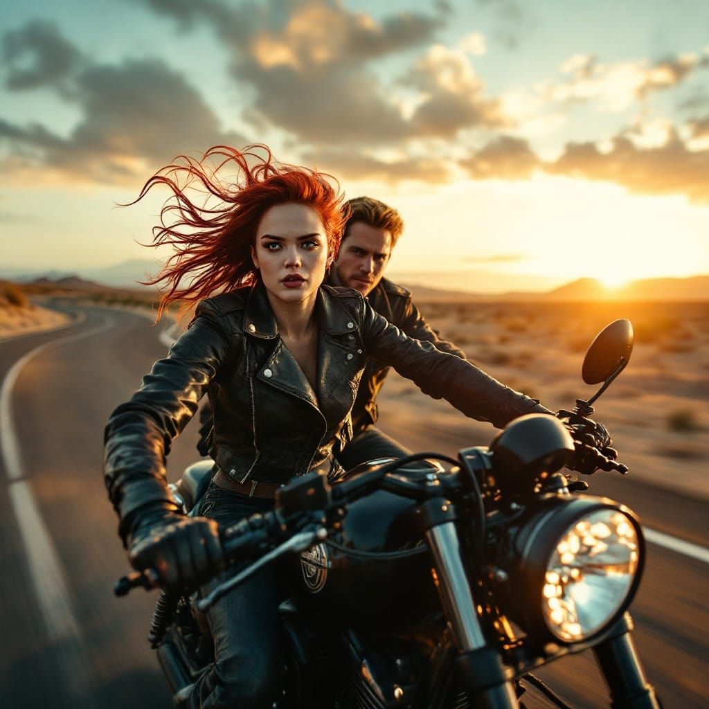 Fiery Redhead on a Sunset Highway Ride