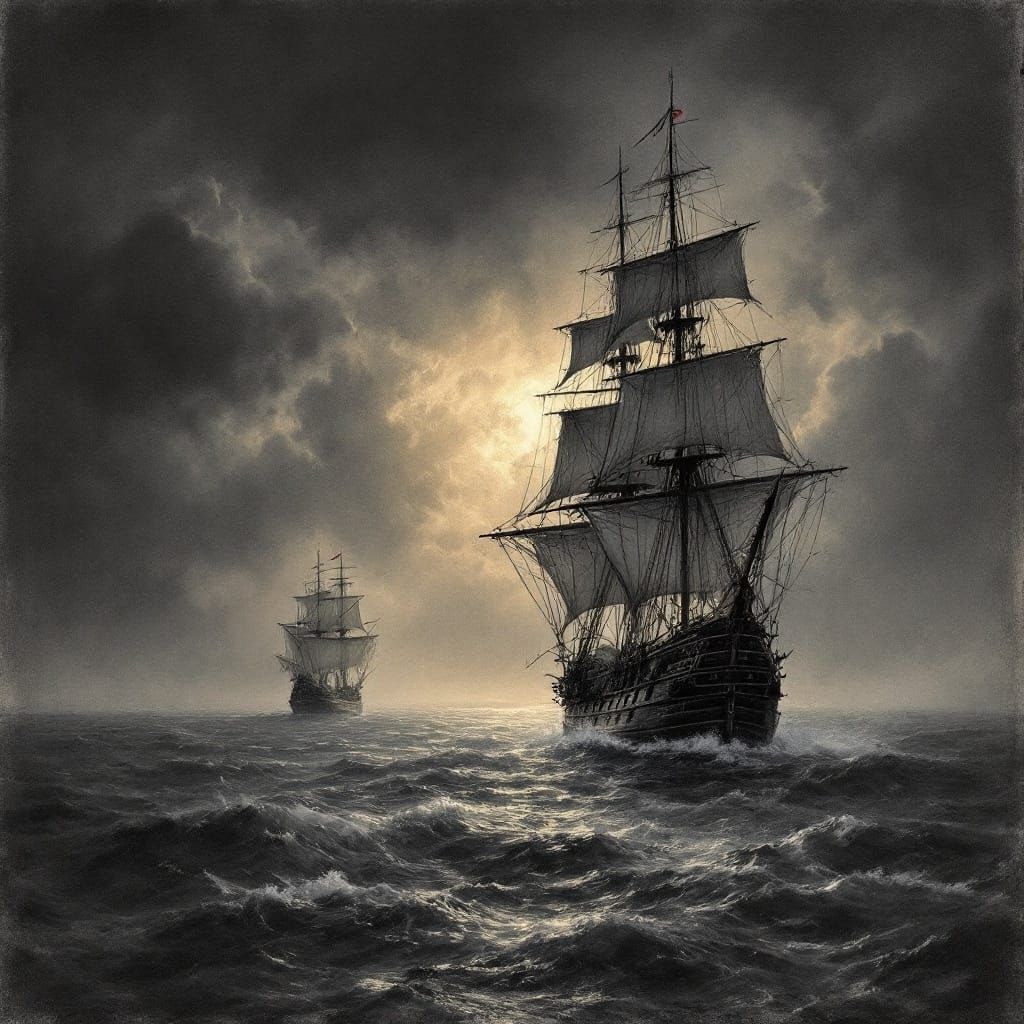 Pirate Ship Battle at Night in Charcoal Sketch Style