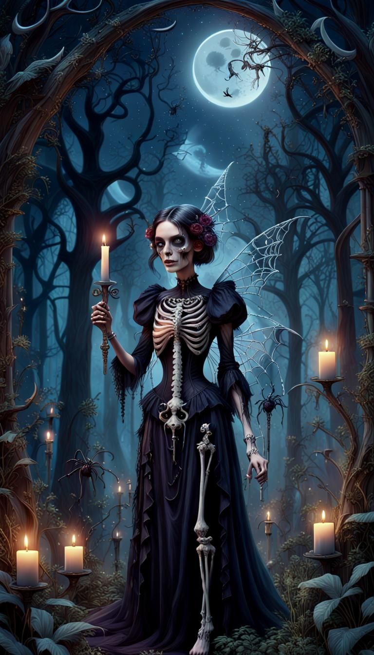 Gothic Fairy in Enchanted Forest at Night