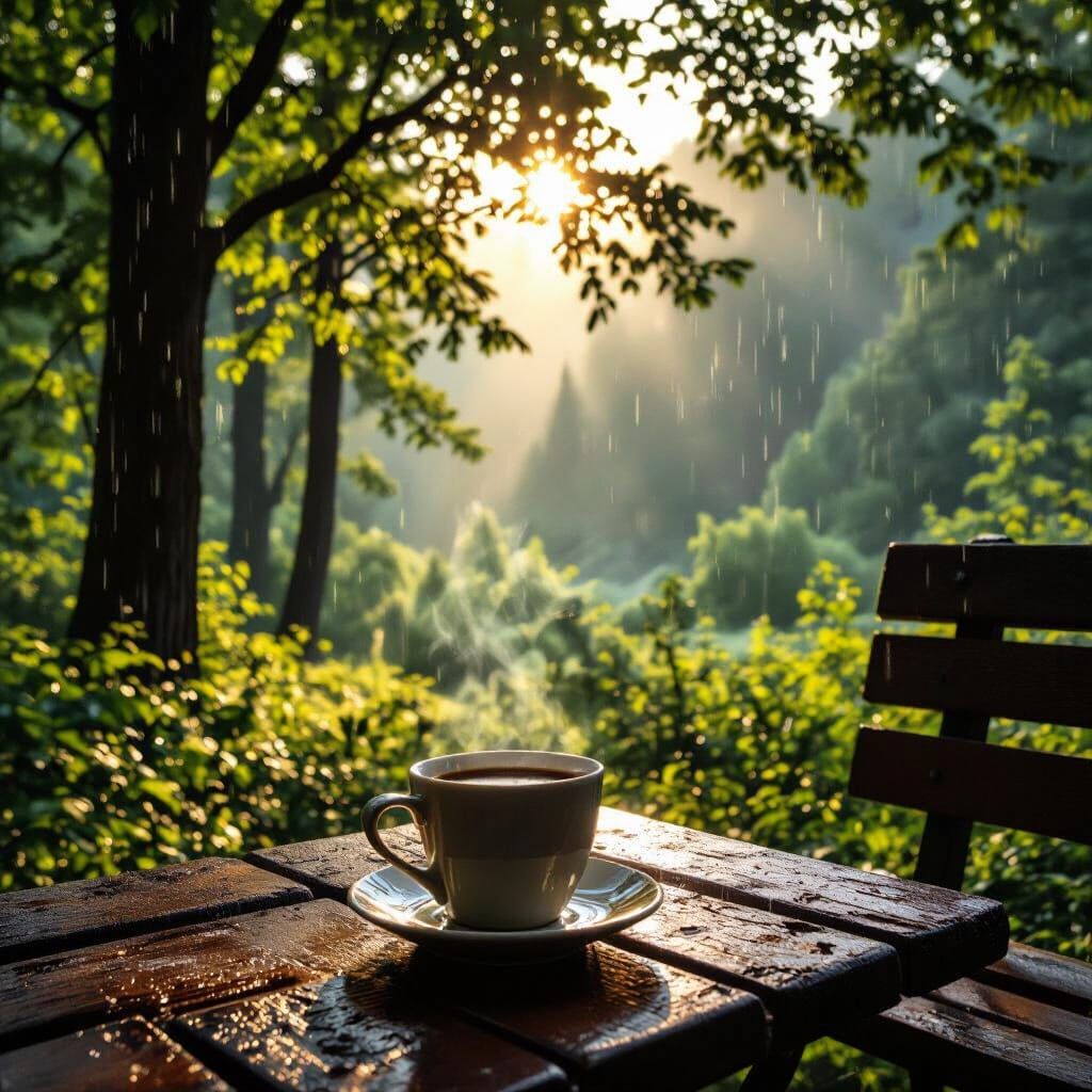 Serene Forest Coffee Break in Gentle Rain