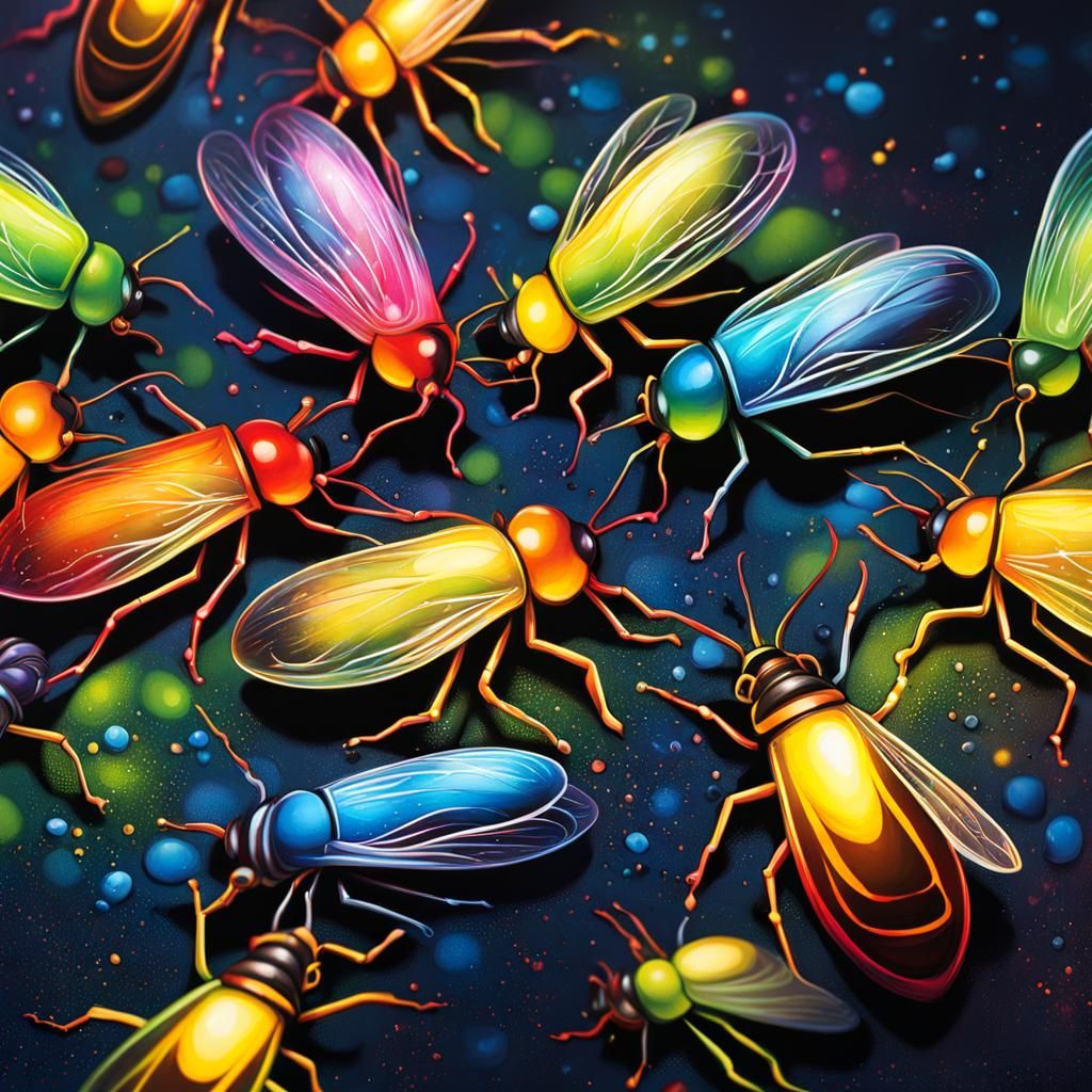 Fireflies at Night in Colorful Graffiti Art