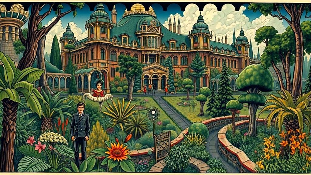 Futuristic Art Deco Building in Fantastical Garden