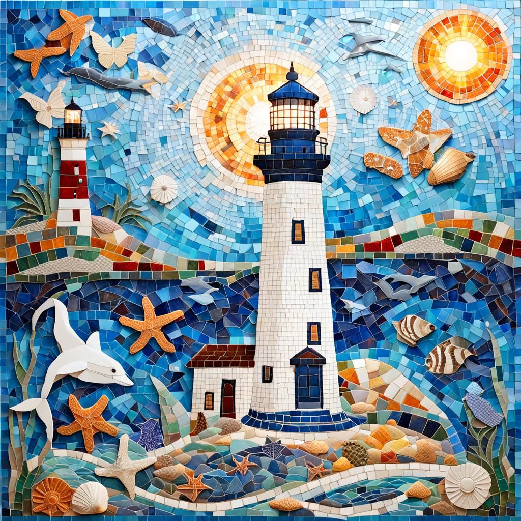 Colorful Mosaic Lighthouse with Lion and Sea Life