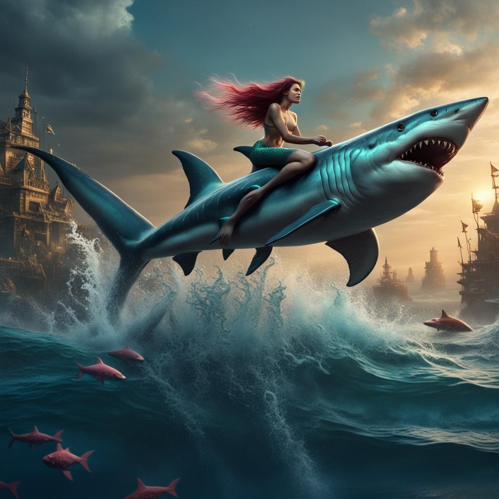 Mermaid Riding a Shark in Fantasy Concept Art
