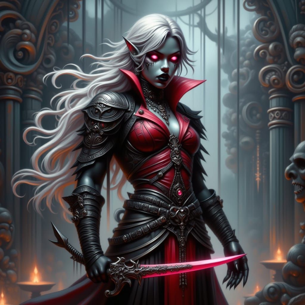 Drow Elf Rogue in Red Leather with Pink Eyes