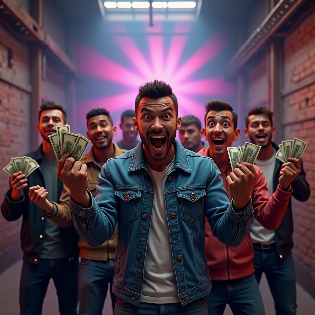 Ecstatic Men Celebrate with Cash in Pixar Style