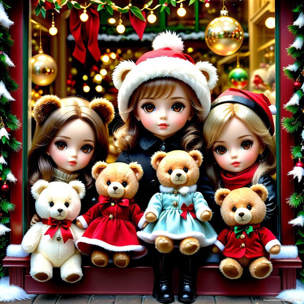Cute Christmas Toyshop Window Display with Dolls and Teddybe...