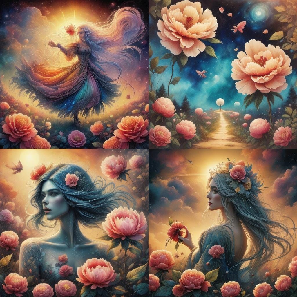 Wind-Swept Meadow: Peonies, Hibiscus, and Roses in Golden Li...