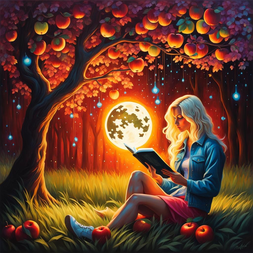 Blonde woman with moon glowing in her as she sits under an apple tree reading a book, book is lit up by fireflies