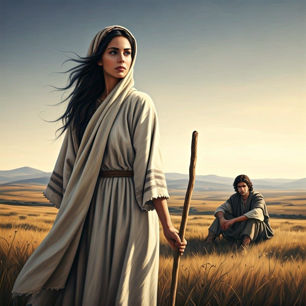 Serenely Beautiful Hebrew Shepherdess in Dreamy Landscape