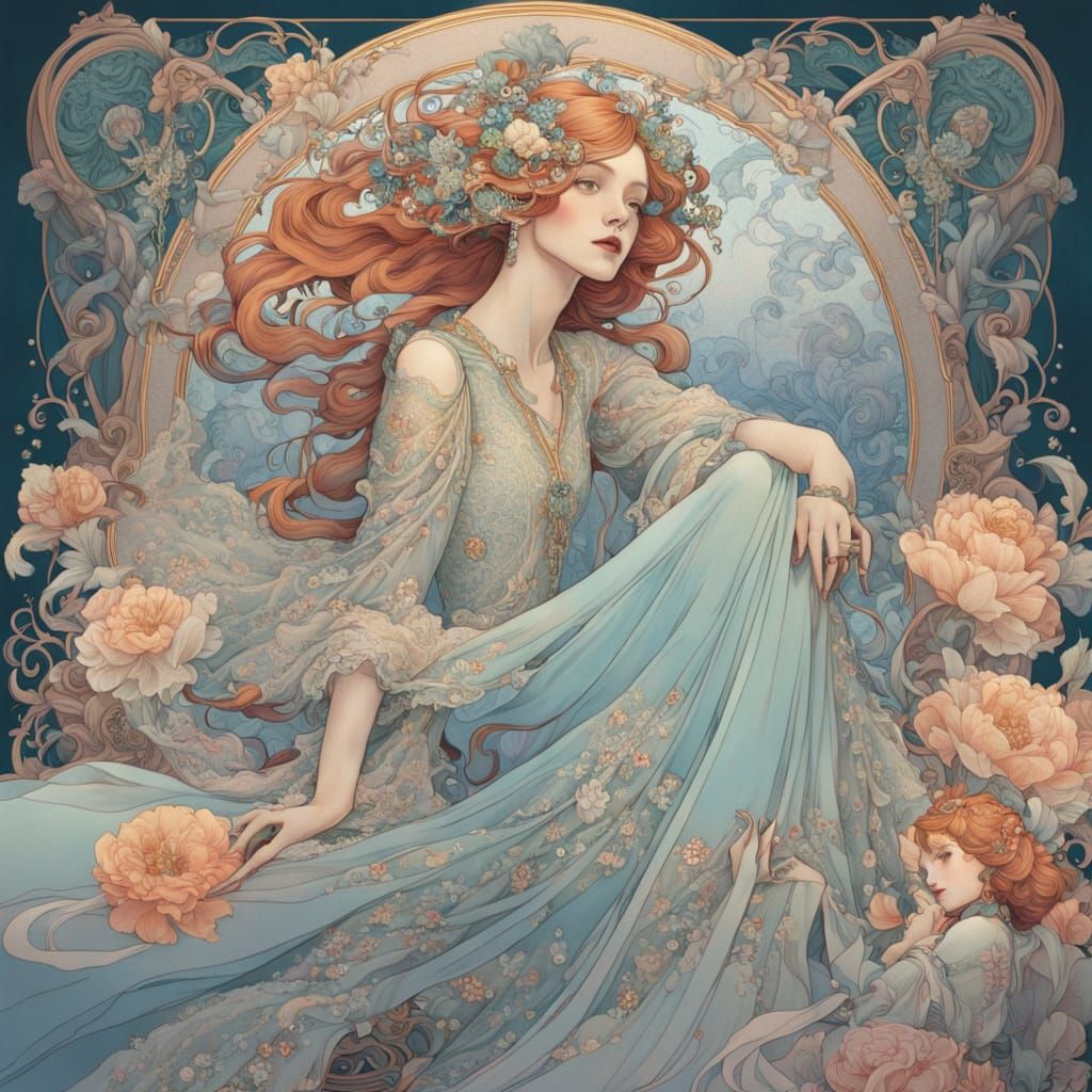 Elegant Woman in Flowing Gown with Lace and Pearls