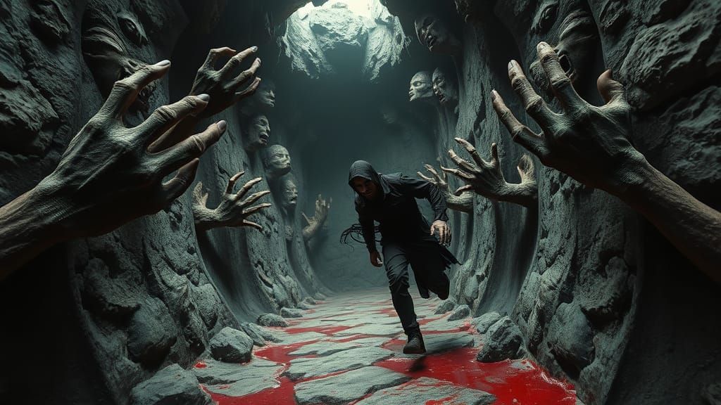 Desperate Figure Trapped in Dark, Blood-Slick Tunnels