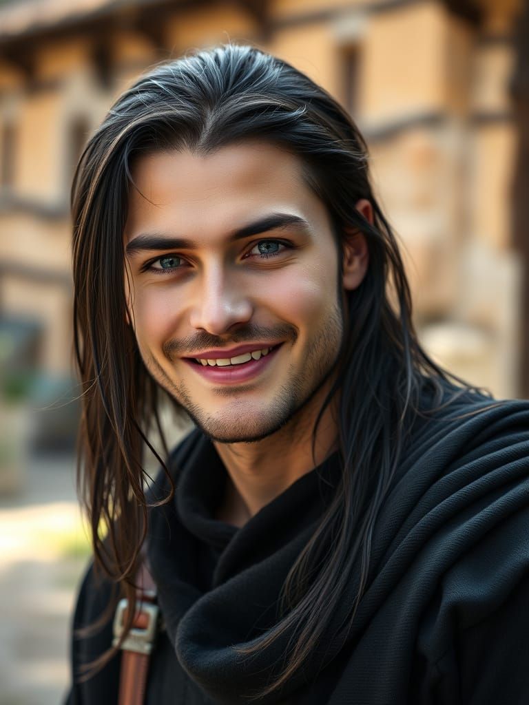 A Charming Knight in Black Attire Smiles Tenderly at a Young...