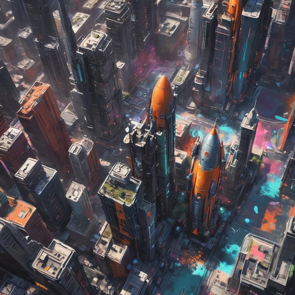 Futuristic Space City with Rockets in Graffiti Art