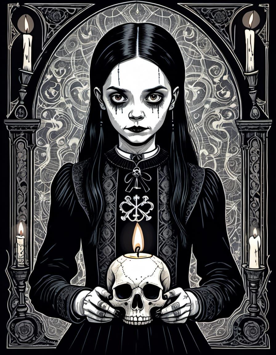 Wednesday Addams Gothic Black and White Illustration