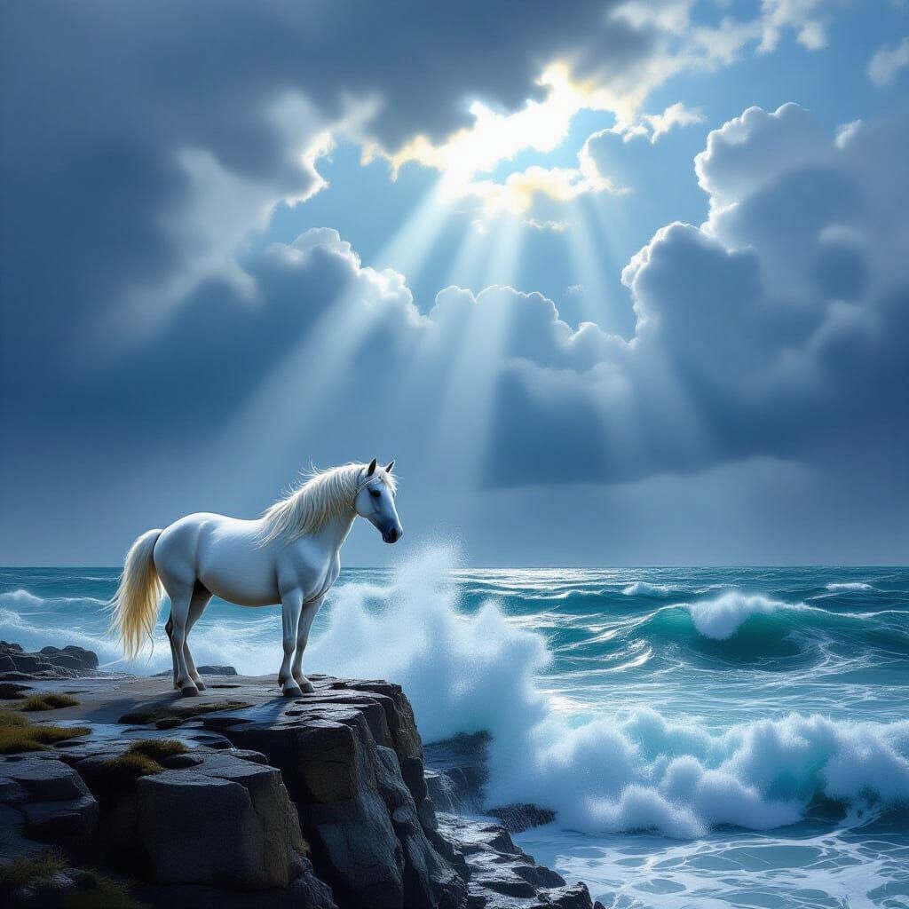 Majestic Horse Overlooking Stormy Sea in Fantasy Style
