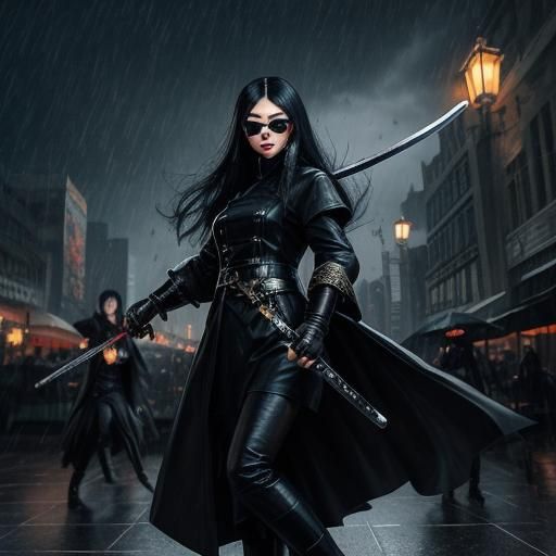 Asian Vampire Battling Swordsmen in Rainy City