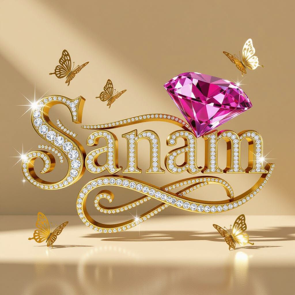 Luxurious Gold "Sanam" Text with Diamonds and Gemstones
