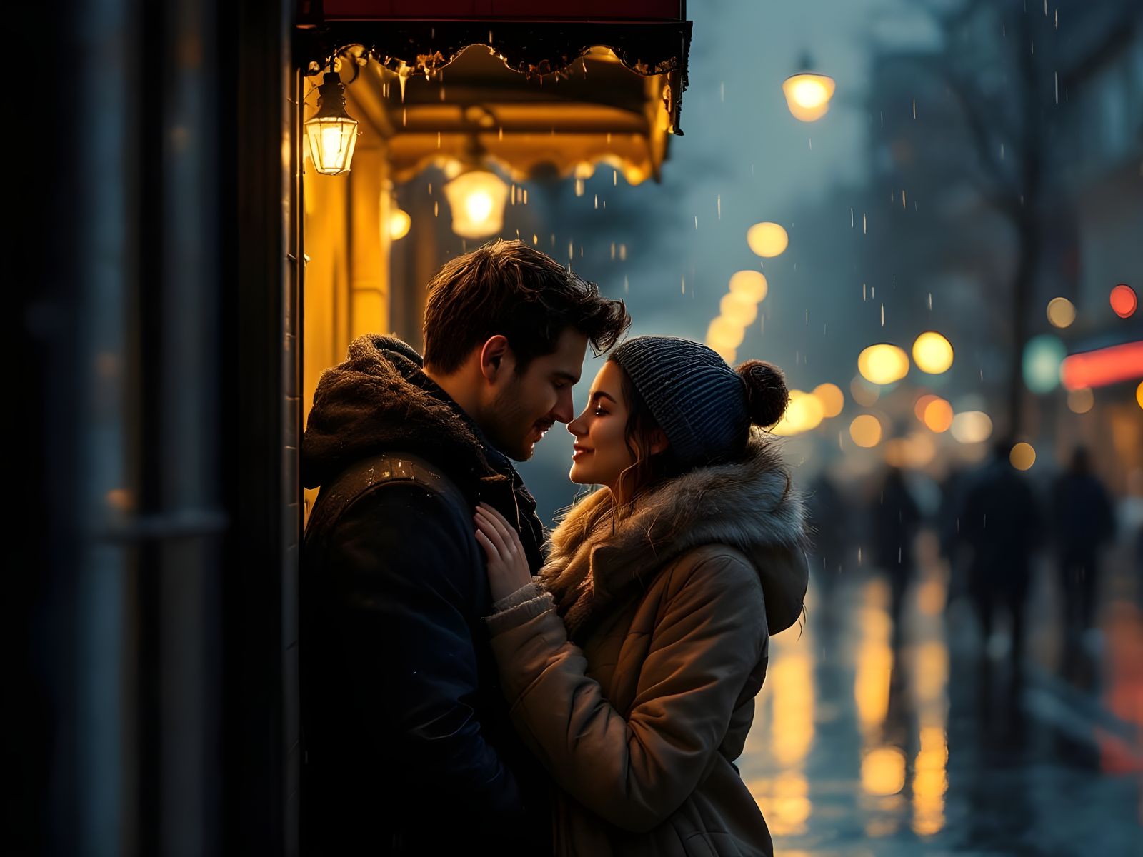 Romantic Couple in Rainy Cityscape at Night