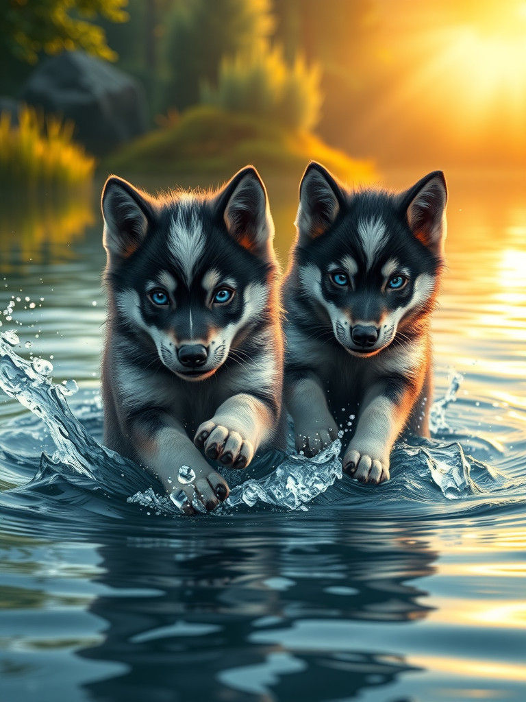 Playful Wolf Pups Chase in Sunlit Lake
