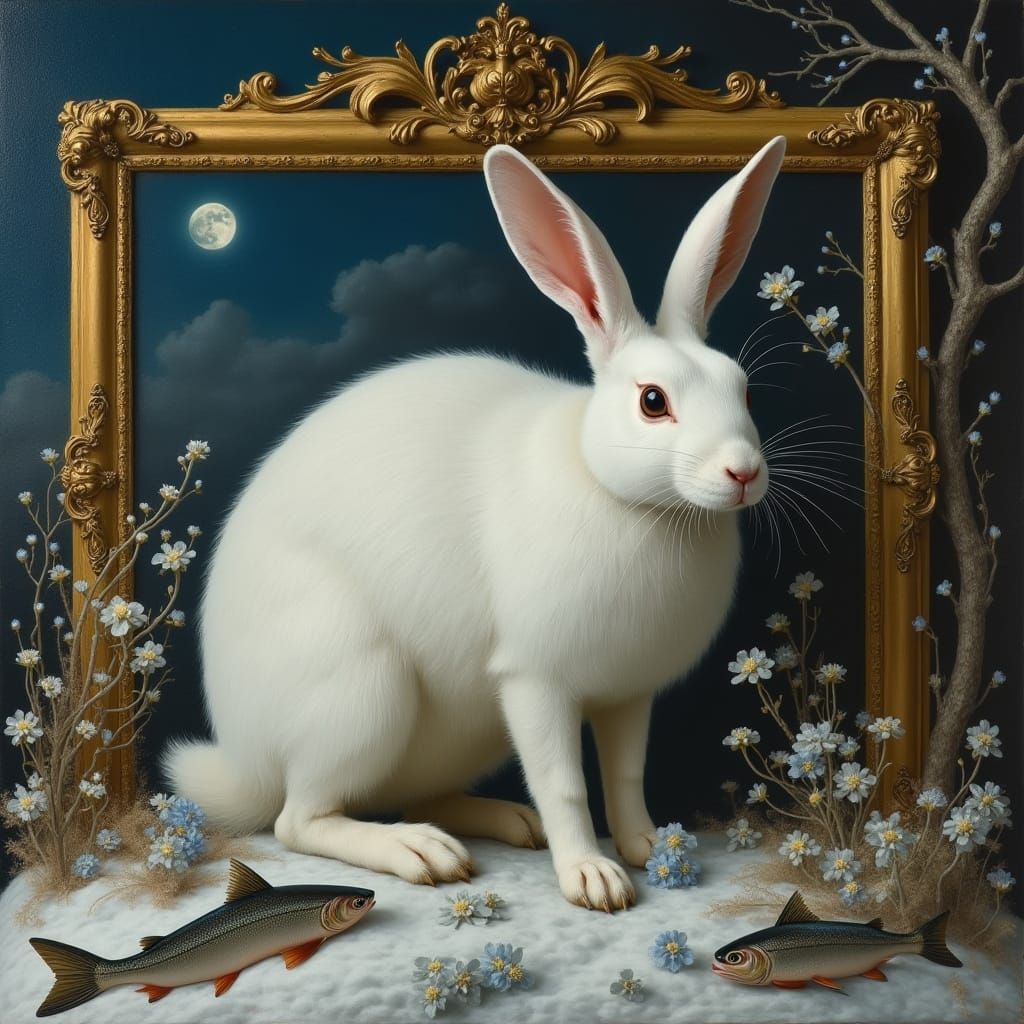 Arctic Hare in Baroque Frame Under Moonlight