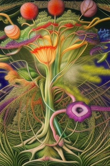 Surreal Mycelium Flower in Warped Perspective