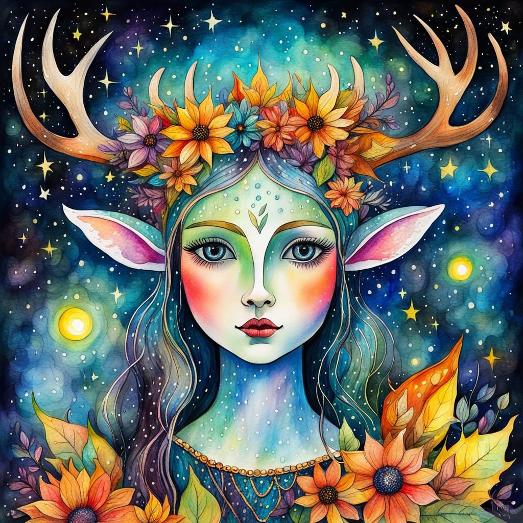 Antlered Fairy Goddess in Rainy Starry Night