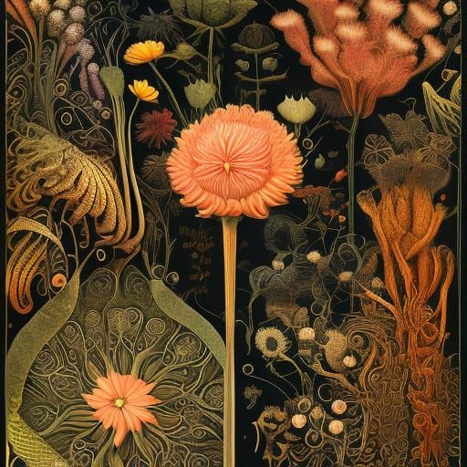 Cat Amidst Flowers: Intricate Botanical Art