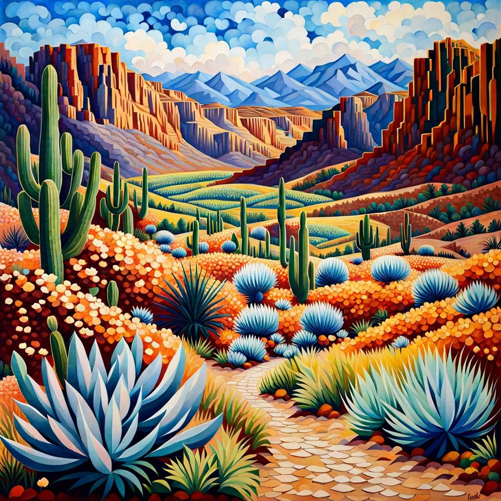 Blooming Desert Canyon in Mosaic Watercolor Style