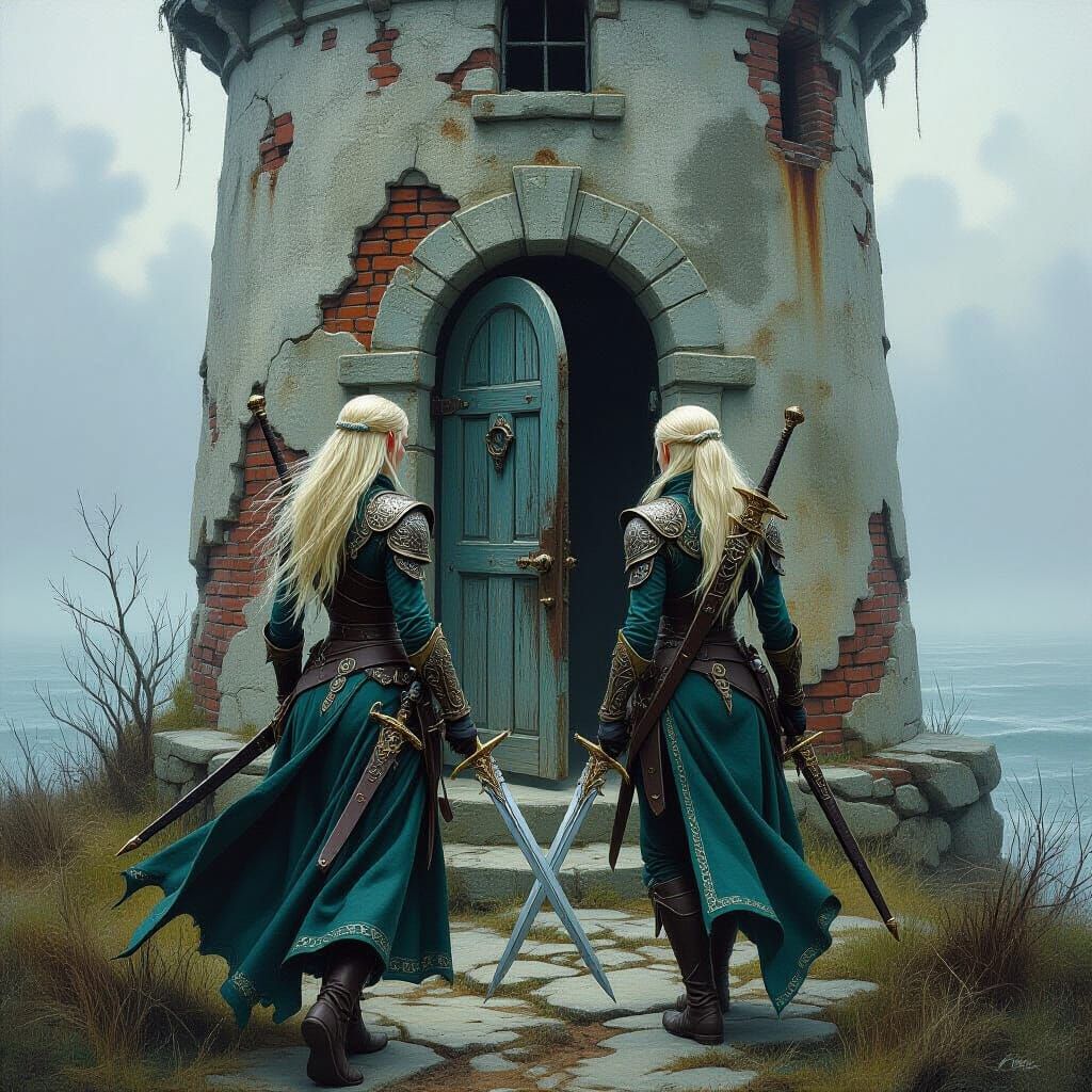 Elven Warriors Approach Abandoned Lighthouse, Fantasy Oil Pa...