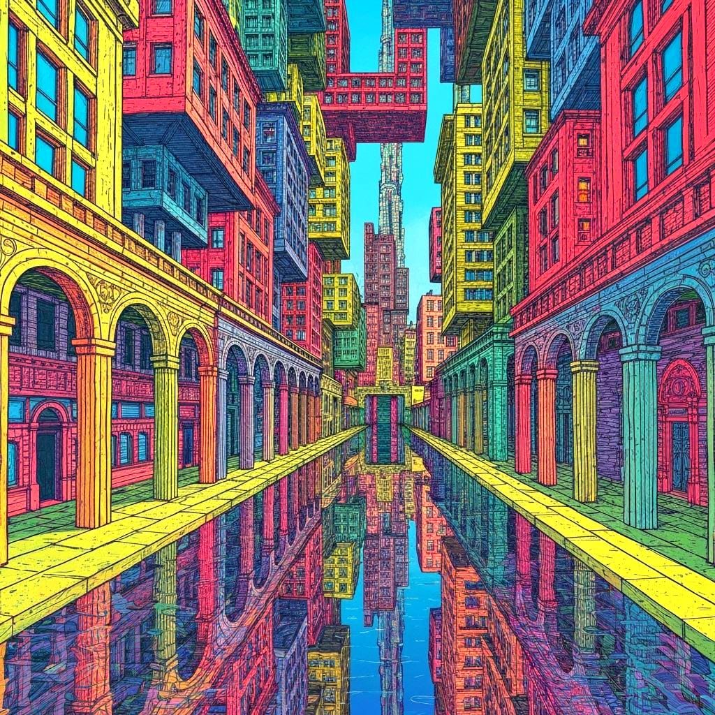 M.C. Escher.. Futuristic paradoxical art woodcut and woodblock style a city. ivid colours mixed and reflections of water...