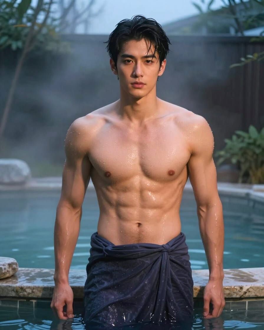 Handsome Japanese Man in Steaming Jacuzzi, Cinematic Style